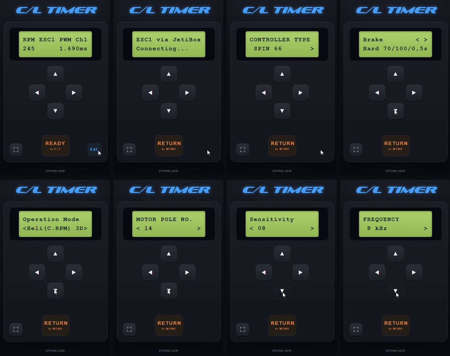 Página do timer no celular: o botão ESC, Connecting e os menus do Jeti SPIN mostrados pelo timer
