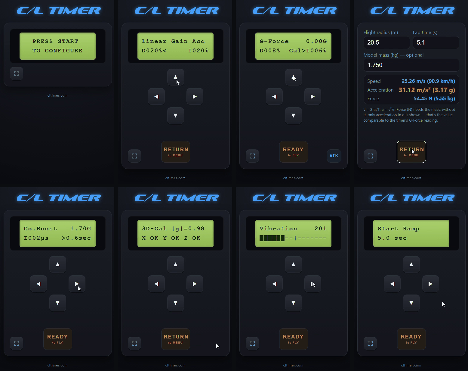 Oito telas do V7: trava de segurança, Linear Gain, G-Force, calculadora, Corner Booster, 3D-Cal, Vibração e Start Ramp